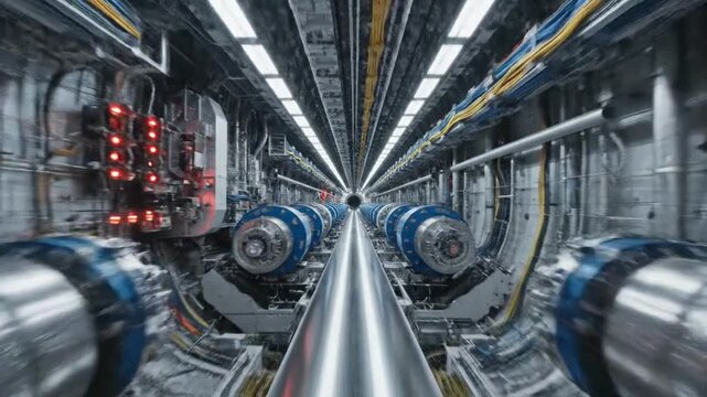 Particle Accelerator Tunnel with Energy Beam Visualization | Industrial Infrastructure for Scientific Discovery | High-Tech Facility for Fundamental Research