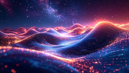 Abstract landscape with rolling hills, starry sky. Blue and orange, illuminated flowing lines create depth