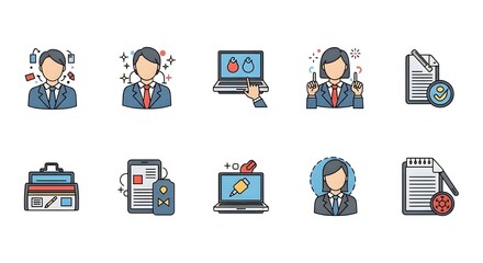 Collection of office and business icons illustrating workplace productivity and communication tools