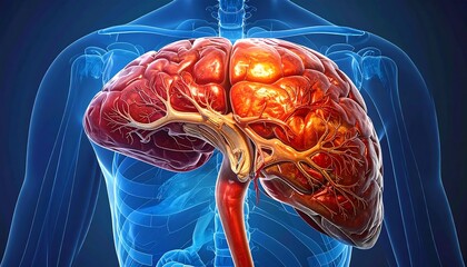 Anatomical rendering shows a vibrant, detailed brain with vascular system overlayed on a translucent male torso figure