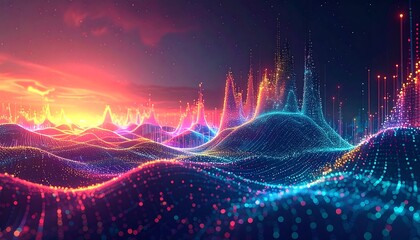 Abstract landscape with undulating, colorful terrain and glowing light spikes under a fiery sunset-like sky