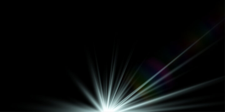 Bright white star positioned at the bottom on a black background, surrounded by soft rainbow light effects and subtle colorful glares. Abstract celestial glow with prismatic reflections, elegant and m