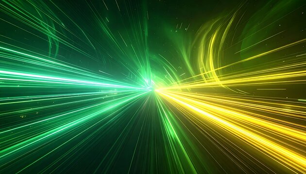 Abstract motion blur Green and yellow light streaks converge towards a central vanishing point in a dark expanse - Powered by Adobe