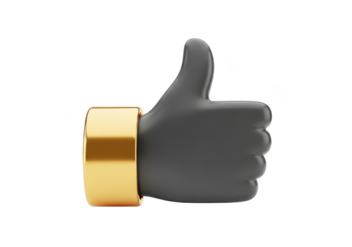 Dark grey thumb up gesture with gold ring isolated on transparent background - Powered by Adobe