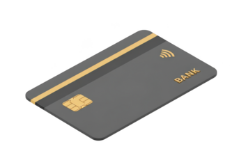 Dark gray bank card with chip and wifi symbol isolated on transparent background