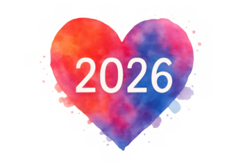 Creative watercolor heart featuring the year 2026, symbolizing new beginnings, love, and future celebrations. Transparent background