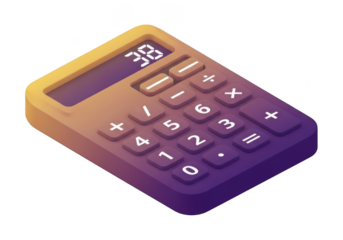 A purple and yellow calculator with the number 38 on the screen isolated on transparent background