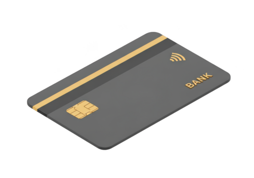 Dark gray bank card with chip and wifi symbol isolated on transparent background