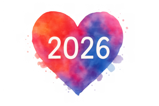 Creative watercolor heart featuring the year 2026, symbolizing new beginnings, love, and future celebrations. Transparent background