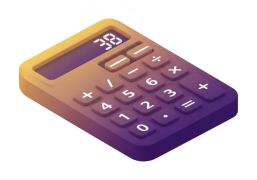 A purple and yellow calculator with the number 38 on the screen isolated on transparent background