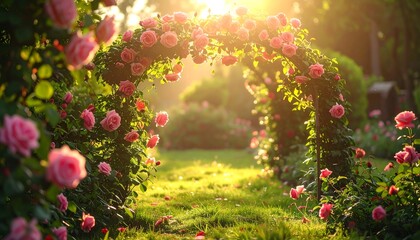 Archway covered in pink roses, bathed in golden sunlight, leading to a garden path, with blurry background
