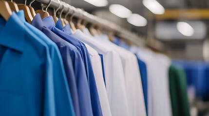 A selection of clean, pressed shirts in varying colors hang neatly on wooden hangers from a metal rack. Uniforms are ready for wear, symbolizing cleanliness and professionalism in the workspace.