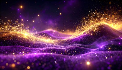 Abstract waves of golden light and purple particles flow creating a dynamic, sparkling, ethereal, and dreamy landscape