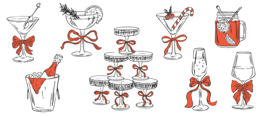 Plakat Christmas cocktails with bows hand drawn set. Coquette holiday aesthetic glasses with ribbon and bow in sketch style. Xmas elegant martini, champagne. Doodle line art vector illustration