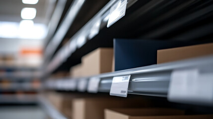 Fototapeta premium Warehouse shelving with boxes, barcode labels, and organization. Industrial storage and product management concepts. Focus on logistics efficiency and inventory.