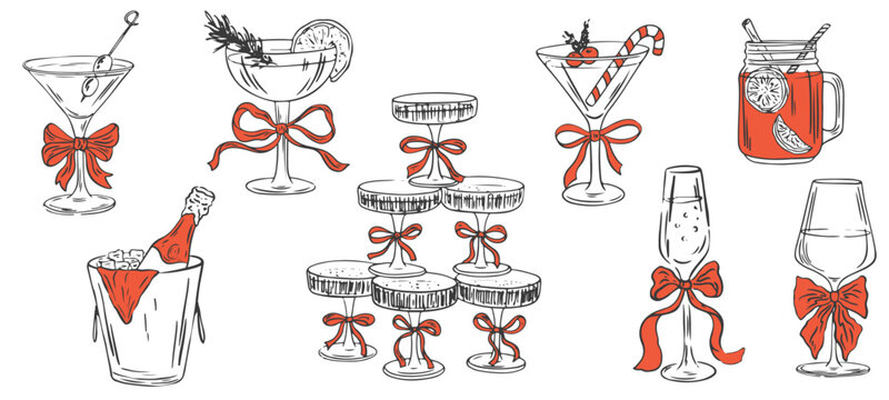 Naklejki Christmas cocktails with bows hand drawn set. Coquette holiday aesthetic glasses with ribbon and bow in sketch style. Xmas elegant martini, champagne. Doodle line art vector illustration