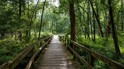 Wooden boardwalk path through a quiet park landscape