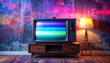 An old-fashioned television atop a wooden cabinet is illuminated by a nearby lamp against a colorful wall