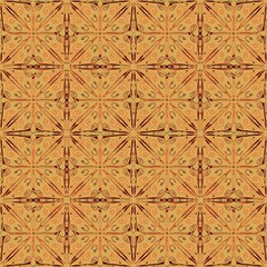 seamless pattern with geometric elements,brown, orange curves ,painted create to flowershape, leaves,red background in geometric patterns as sarong,fabric,tile,printed fabric,batik,tablecloth patterns