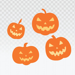 Group of four smiling jack-o'-lanterns in a clean vector illustration style. Features glowing carved pumpkin faces, perfect for Halloween party invitations, decorations, or festive autumn designs.