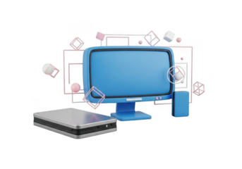 Computer setup with external hard drive isolated on transparent background