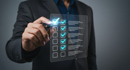 Man in suit marking tasks as complete on a holographic to-do list interface. Business technology, project management, and goal achievement concept