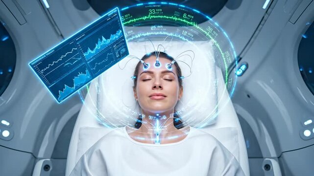 Woman undergoes futuristic brain scan. Patient lies in medical pod. Electrode records neural activity. Hologram shows neurology data above head. Healthcare staff monitors outcome. Brain scan aids.