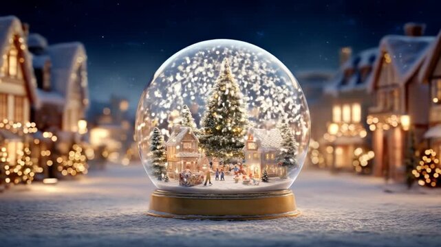 Snow globe scene with miniature town and christmas tree winter theme