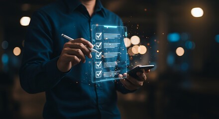 Man interacts with an augmented reality checklist interface projected from a mobile phone. Concept of future technology, innovation, and digital transformation