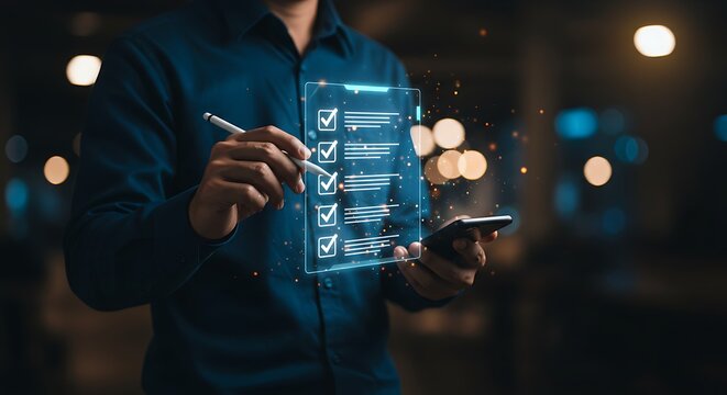 Man interacts with an augmented reality checklist interface projected from a mobile phone. Concept of future technology, innovation, and digital transformation