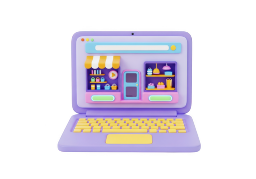 3d illustration of a laptop displaying an online store isolated on transparent background