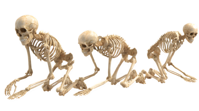 Three detailed human skeletons in a crawling or kneeling pose, conveying a sense of vulnerability or progress, perfect for medical or symbolic concepts.