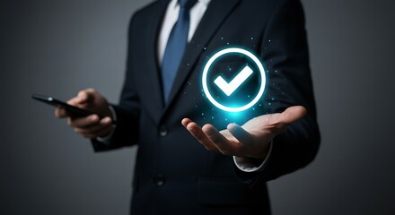 A futuristic approach to business management. A professional holds a glowing icon of completion, signifying approved strategy and digital innovation