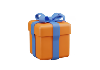 Orange gift box with blue ribbon isolated on transparent background