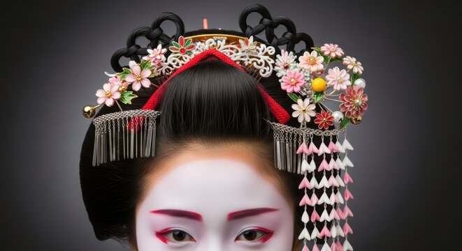 Traditional geisha hairstyle with colorful floral kanzashi ornaments