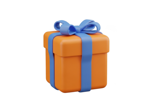 Orange gift box with blue ribbon isolated on transparent background