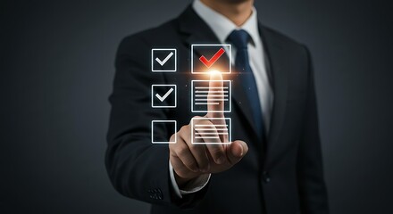 Professional in a suit interacts with a futuristic holographic interface, marking a checkbox. Concept of digital transformation and business innovation
