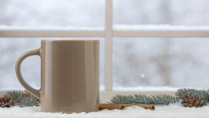 Ceramic Mug with Cocoa in Snowy Window Scene