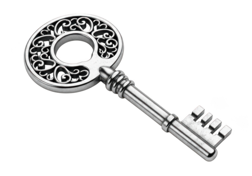 Antique silver key with ornate bow isolated on white isolated on transparent background