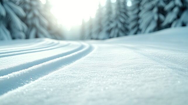 Tracks in the soft snow create intricate patterns under the glimmering sunlight in a serene winter landscape