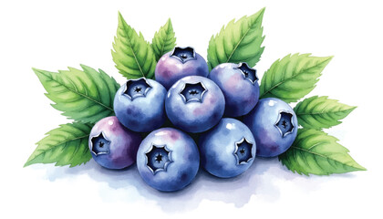 Blueberries with Green Leaves Vector Watercolor
