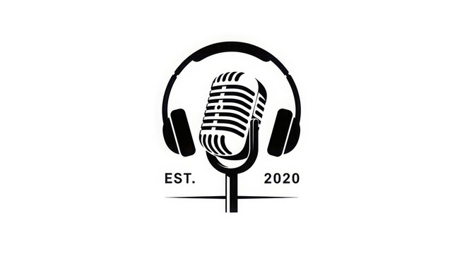 A black and white logo featuring a microphone and headphones established in the year twenty twenty