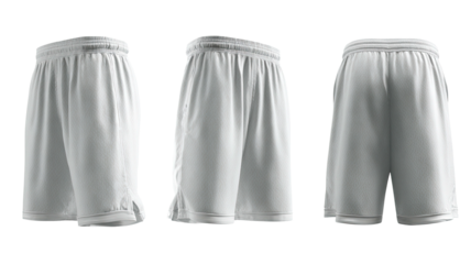 White athletic shorts, front/side/back, against black
