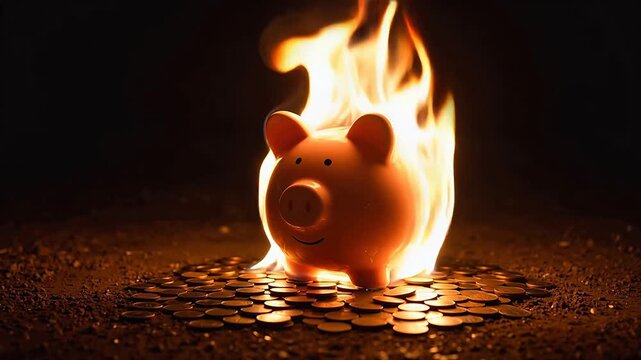 In the Dark Night, a Piggy Bank Is Engulfed by Flames&mdash;Its Body Cracked Open by the Fire, Coins Scattered All Over the Ground, Symbolizing Severe Financial Loss and Irreversible Financial Destruction