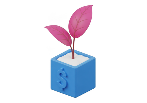 Blue plant pot with dollar sign and pink leaves isolated on transparent background - Powered by Adobe