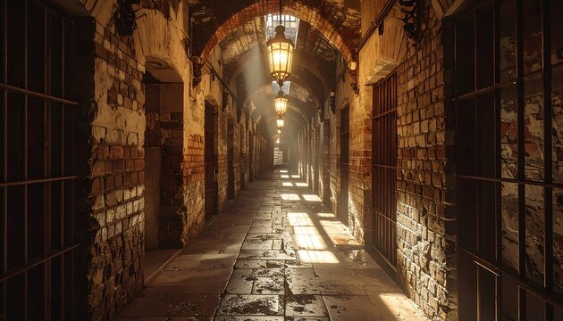 Brick prison hallway with iron bars, illuminated by lantern light, creating a long, dark corridor with aging stone - Powered by Adobe