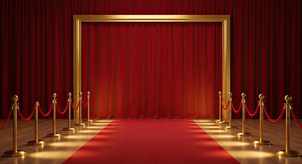 Elegant red carpet event entrance with golden stanchions and rich velvet curtains backdrop