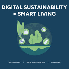 Illustration depicting digital sustainability as smart living, showcasing a world with green initiatives and ecofriendly practices