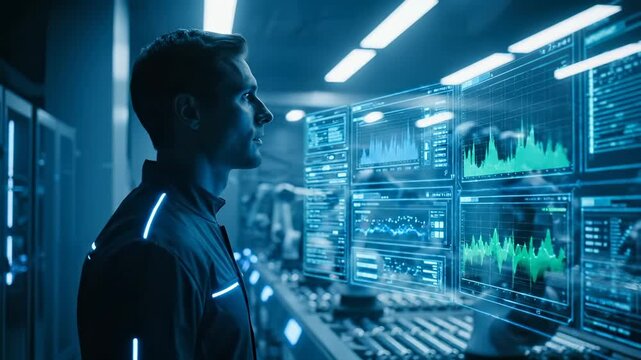 Man monitors data dashboard on screens. Operator studies analytics and network graphs. Server rack and monitor array glow. Control room shows real time performance and system health. Analyst watches.