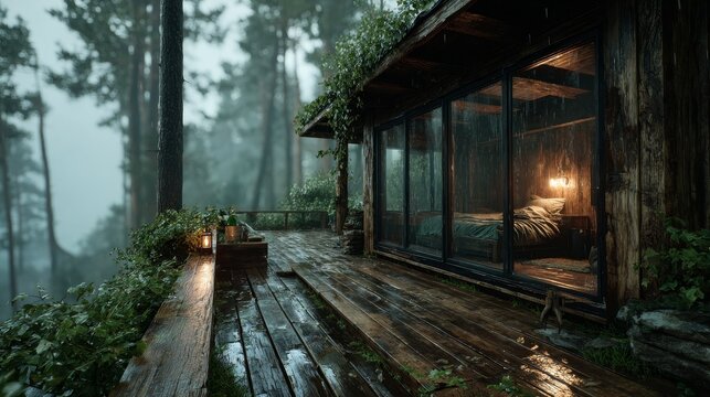 Rustic forest cabin after rain with wet wooden deck reflections, lantern glow, large glass windows, cozy bedroom interior, warm bedside lamp, foggy pine trees